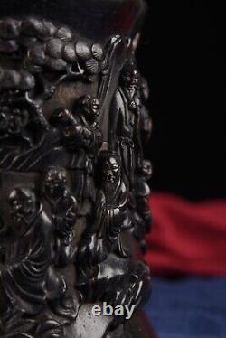 Antique chinoise en ébène sculptée vieille figure de pot de pinceau de fournitures de bureau vintage