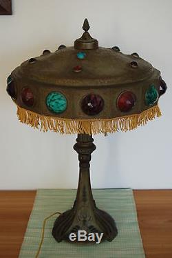 Art Nouveau Deco Antiquité Ancienne Arts Et Métiers En Verre Jeweled Lampe De Table Vintage