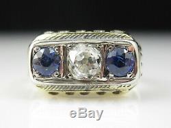 Bague À Trois Pierres En Saphir Bleu Ancien Avec Diamants Anciens 14k Vintage Art Deco