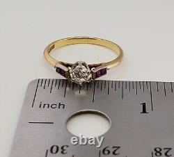 Bague vintage antique ancienne en diamant taillé à l'européenne et rubis, en or 18 carats et platine, taille 6,25