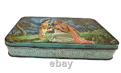 Boîte en étain avec une impression lithographique rare de la rencontre entre Dieu Krishna et Sudama, une ancienne relique en fer antique vintage