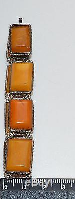 Bracelet Ancien Vintage En Argent Ambré Naturel Baltique Avec Des Jaunes D'oeufs Au Beurre