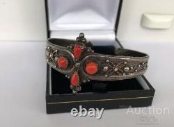 Bracelet Argent Sterling Antique Châles Rouges Cuff Stone Femmes Bijoux Vieux 20.7 Gr