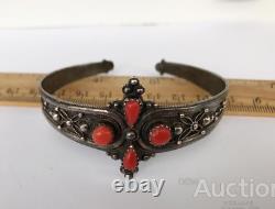 Bracelet Argent Sterling Antique Châles Rouges Cuff Stone Femmes Bijoux Vieux 20.7 Gr