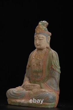Chine Antique Vintage Old Wood Carving Kwan-yin Statue Peinture Sculpture Art
