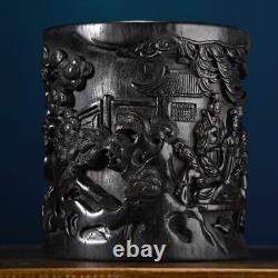 Chinese Antique Vintage Old Ebony Wood Carving Figure-story Brush Pot Nice Art<br/> 	
 <br/>
 Antique chinois en ébène ancien sculpté à la main avec une histoire de figurines - Pot à pinceaux - Bel art