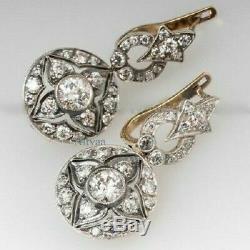 Diamant Taille Ancienne, 2 Ct, Boucles D'oreilles Pendentifs Vintage Art Déco, Or Blanc 14k