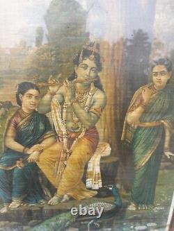 Estampe lithographique allemande ancienne de Lord Krishna chantant la flûte de style antique vintage