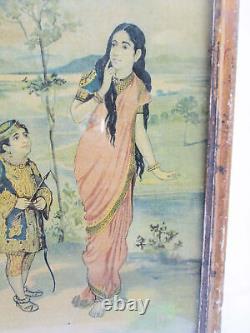 Estampe rare de lithographie ancienne hindoue religieuse de Sita et du roi dans la jungle
