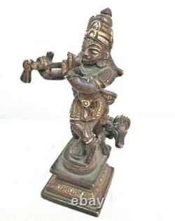 Figure / Statue en cuivre antique vintage du Seigneur Krishna avec finition en argent et laiton