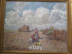 Grand Vintage Antique Impressionniste Peinture Paysage Anciens Travailleurs Agricoles Wpa Era