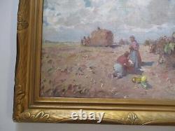 Grand Vintage Antique Impressionniste Peinture Paysage Anciens Travailleurs Agricoles Wpa Era
