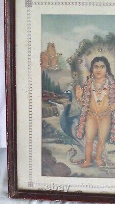 Impression ancienne de Muruga, seigneur hindou avec un paon, décoration d'antiquités vintage, F-27