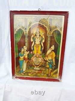 Impression lithographique ancienne de temple hindou avec image de Lord Maha Vishnu encadrée