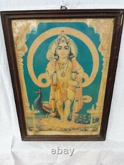 Imprimé lithographique ancien de l'antique dieu hindou Lord Murugan encadré en bois de palissandre