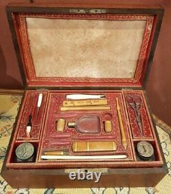 Kit De Couture Antique Charles X Box Ahogany Wood Ebony Marquetry LID Rare Old 19th