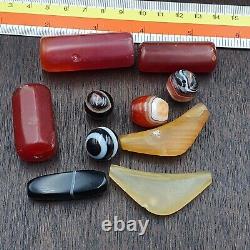 Lot de 10 perles d'agate antique ancienne yéménite vintage tibétaine de l'Himalaya