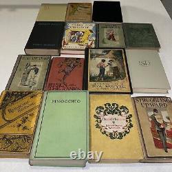 Lot de 15 livres anciens, rares et de collection avec couverture rigide : Premier Tom Sawyer, Pinocchio.