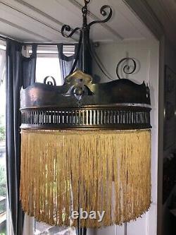Old Antique Vintage Arts - Artisanat Edwardian Brass Fringed Ceiling Pendant Light