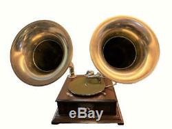 Old Talking Machine Vintage Hmv Phonographe Double-horn Antique Gramophone Bg 028