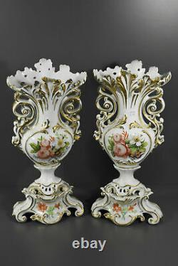 Pair Antique Français Vieux Paris Porcelaine Vieux Vases Décor Floral