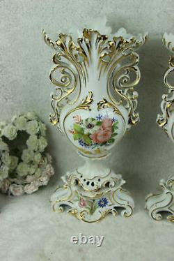 Pair Antique Français Vieux Paris Porcelaine Vieux Vases Décor Floral