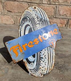 Panneau de signalisation en émail de porcelaine de pneus Firestone vintage, ancien et rare, collectionnable