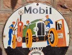 Panneau en émail de porcelaine publicitaire rare de Mobil Oil avec une gargouille vintage et antique