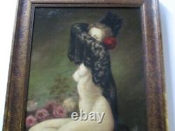 Peinture À L'huile Antique Vintage Nude Jolie Femme Femme Modèle Roses Signé Vieux