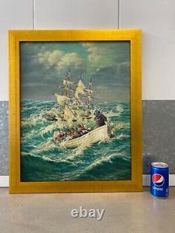Peinture à l'huile ancienne de la mer et des marins de style WPA des années 40, signée.