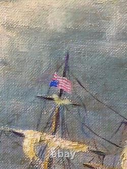 Peinture à l'huile ancienne de la mer et des marins de style WPA des années 40, signée.