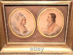 Peinture ancienne en aquarelle du 18e siècle représentant un portrait en double miniature d'un homme et d'une femme