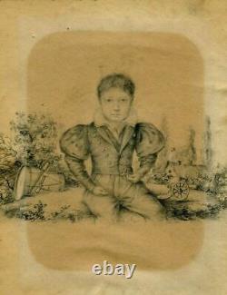 Portrait de jeune garçon, dessin au crayon ancien du XIXe siècle, d'époque et authentique