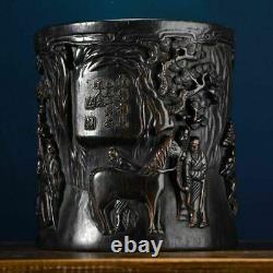 Pot à pinceaux en bois d'ébène antique chinois sculpté de figures - belle œuvre d'art