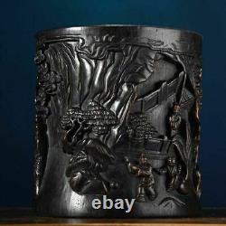 Pot à pinceaux en bois d'ébène antique chinois sculpté de figures - belle œuvre d'art