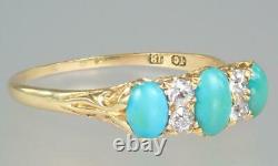 Pretty Antique Victorian 18k Or Turquoise Old Cut Diamond Scrolling Ring 10.5