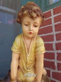 Rare Chalkware Vintage Figural Fille Chérubin Comme Enfant Bol De Poisson Stand Ancien Domaine