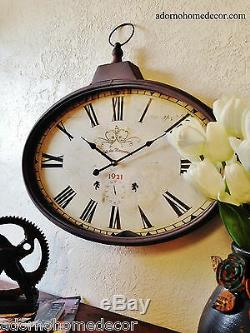 Rustique Metal Ovale Horloge Murale Vieux Monde Industriel Vintage Antique Antique Chic Rouille
