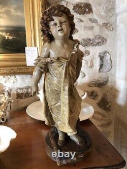 Sculpture Ancienne De Fille Éveil Terracotta Statue Polychrome Mage Rare Vieux 19ème