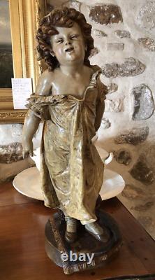 Sculpture Ancienne De Fille Éveil Terracotta Statue Polychrome Mage Rare Vieux 19ème