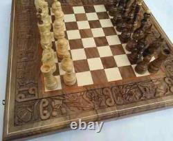 Set D'échecs En Bois Soviétique Sculpté À La Main 70s Vintage Urss Antique Big Old