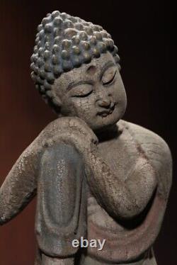 Statue Antique Vintage Chinoise de Bouddha Sakyamuni Tathagata Sculptée et Peinte dans du Bois Ancien