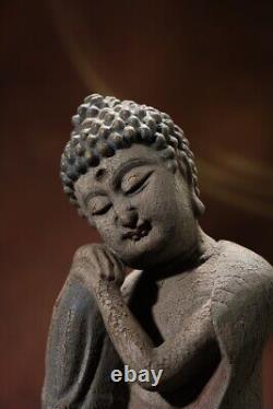 Statue Antique Vintage Chinoise de Bouddha Sakyamuni Tathagata Sculptée et Peinte dans du Bois Ancien
