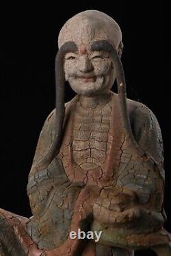 Statue de Bouddha ancienne en bois sculpté et peint à sourcils longs chinois vintage