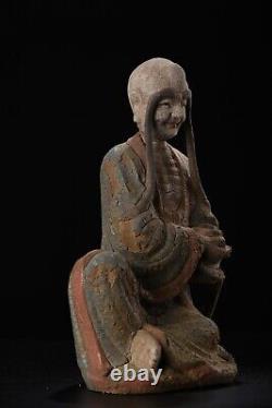 Statue de Bouddha ancienne en bois sculpté et peint à sourcils longs chinois vintage