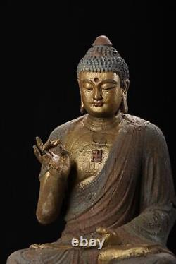 Statue de Bouddha en bois ancien chinois sculpté et peint vintage