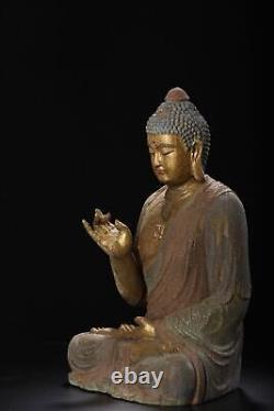 Statue de Bouddha en bois ancien chinois sculpté et peint vintage