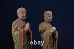 Statue de Bouddha en bois ancien chinois vintage sculpté et peint