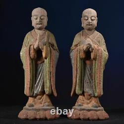 Statue de Bouddha sculptée et peinte en bois ancien chinois antique vintage