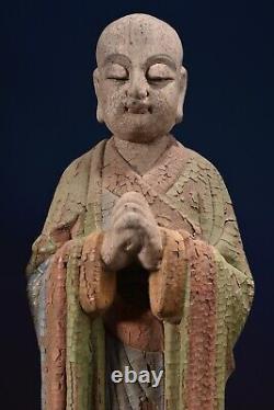 Statue de Bouddha sculptée et peinte en bois ancien chinois antique vintage